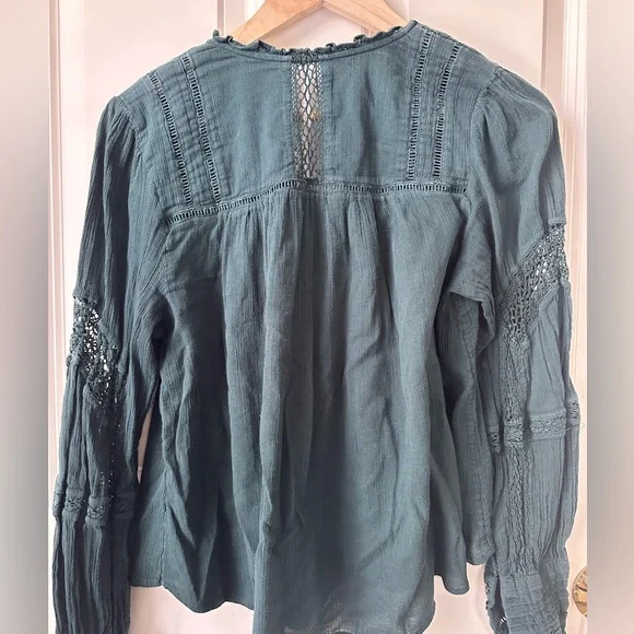 Free People Teal Green Lace-Trim Button Front Peasant Blouse - Picture 3 of 4